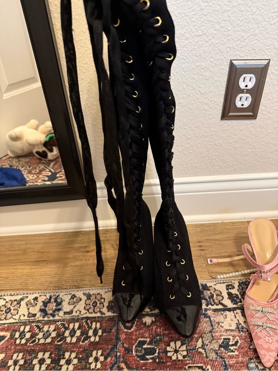 Christian Louboutin Shoes - Christian Louboutin Black Lace-Up Over-the-Knee Pointed Boots